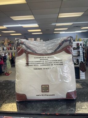 New Dooney & Bourke Cream Pebbled Leather Messenger with Brown Trim